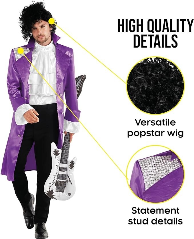Men`s Prince Costume Adult Purple Rain Pop Star Jacket Wig Guitar Halloween