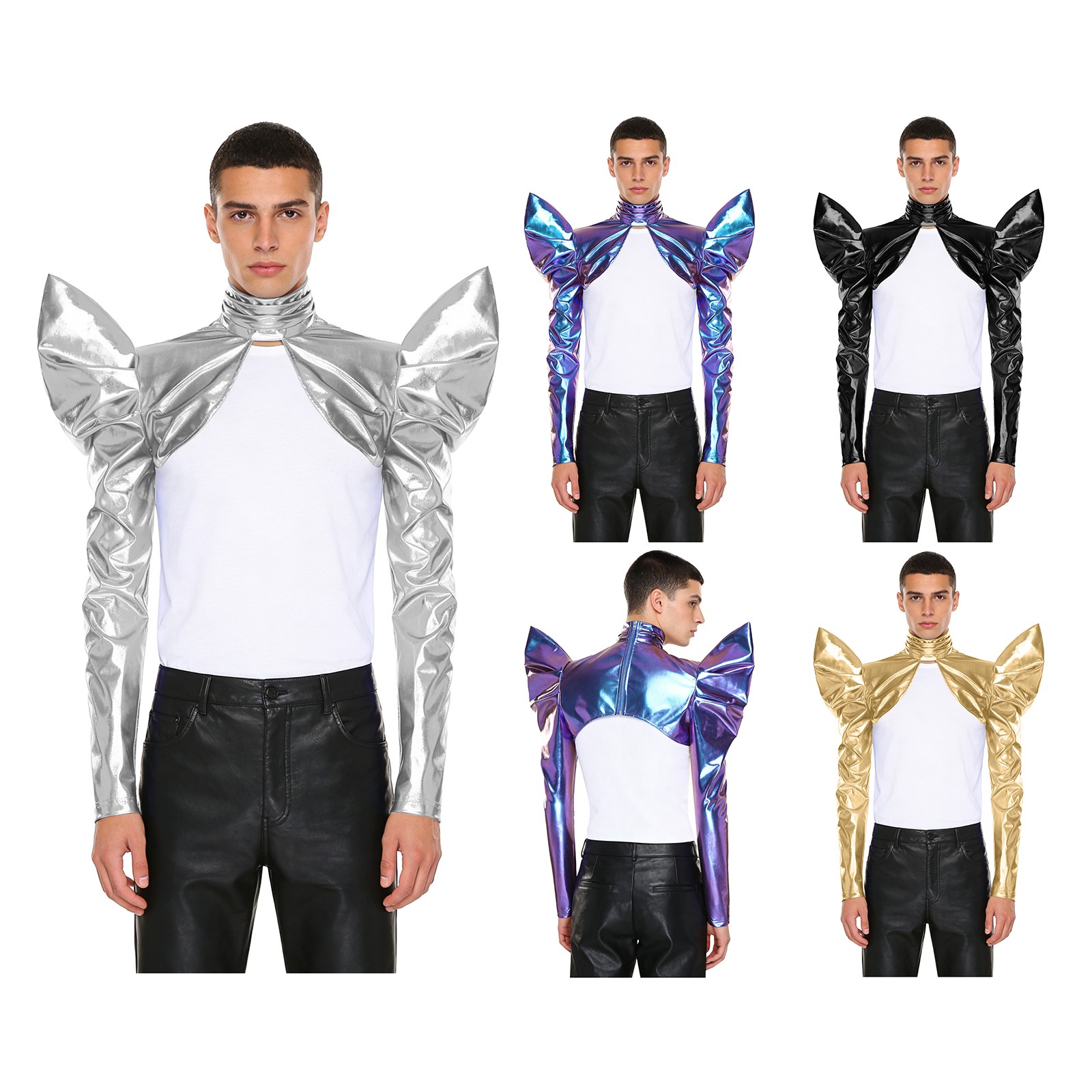US Gothic Avant Garde Men Shrug Top High Collar Metallic Cropped Jacket Clubwear