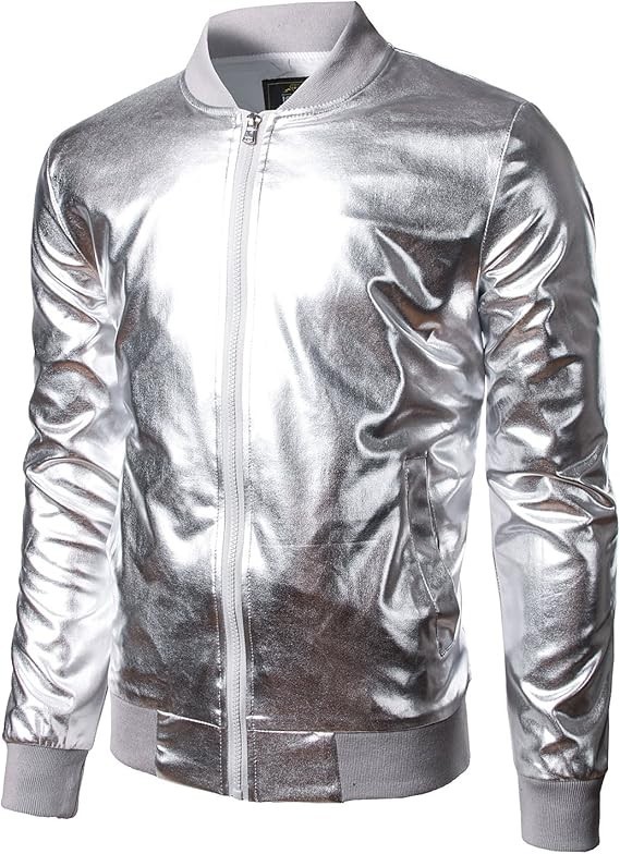 JOGAL UNISEX XXL METALLIC SILVER ZIP BOMBER STYLE JACKET 70’s DISCO COSTUME