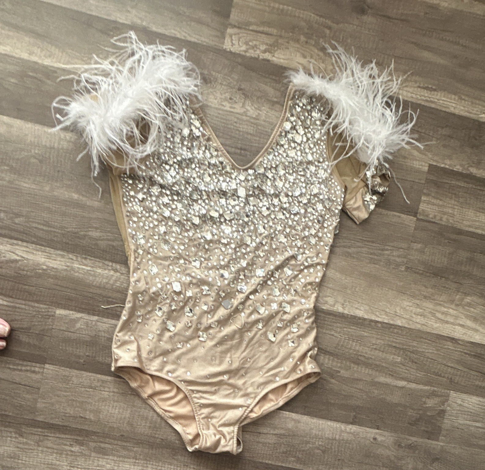 Glamour Costumes Showgirl Rhinestone Feather Trim Bodysuit Beige/Silver/White