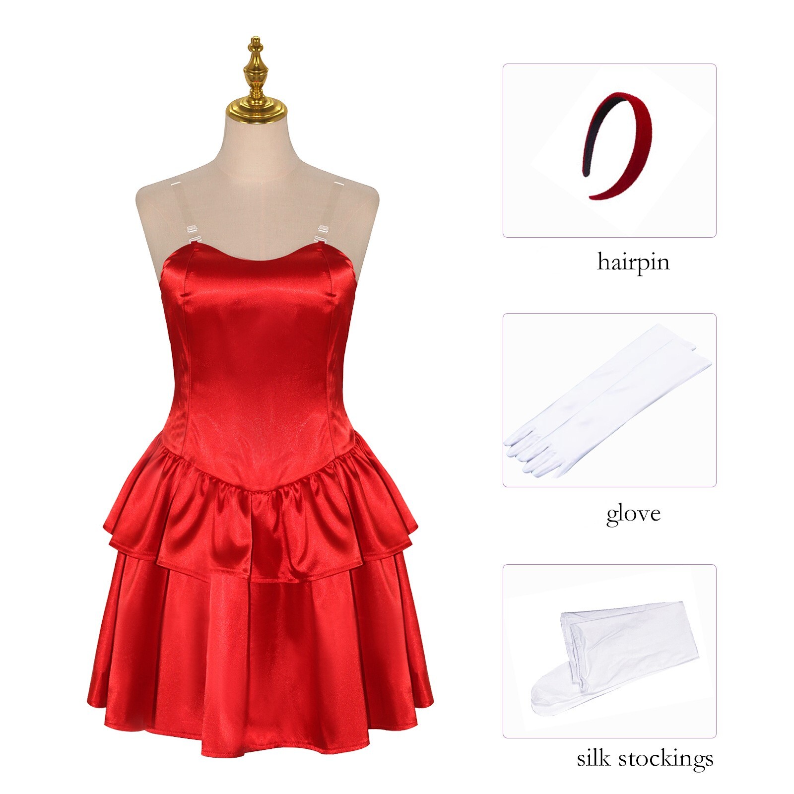 Perfect Blue Cosplay Mima Costume Red Strapless Tube Dress Headband Gloves Wig