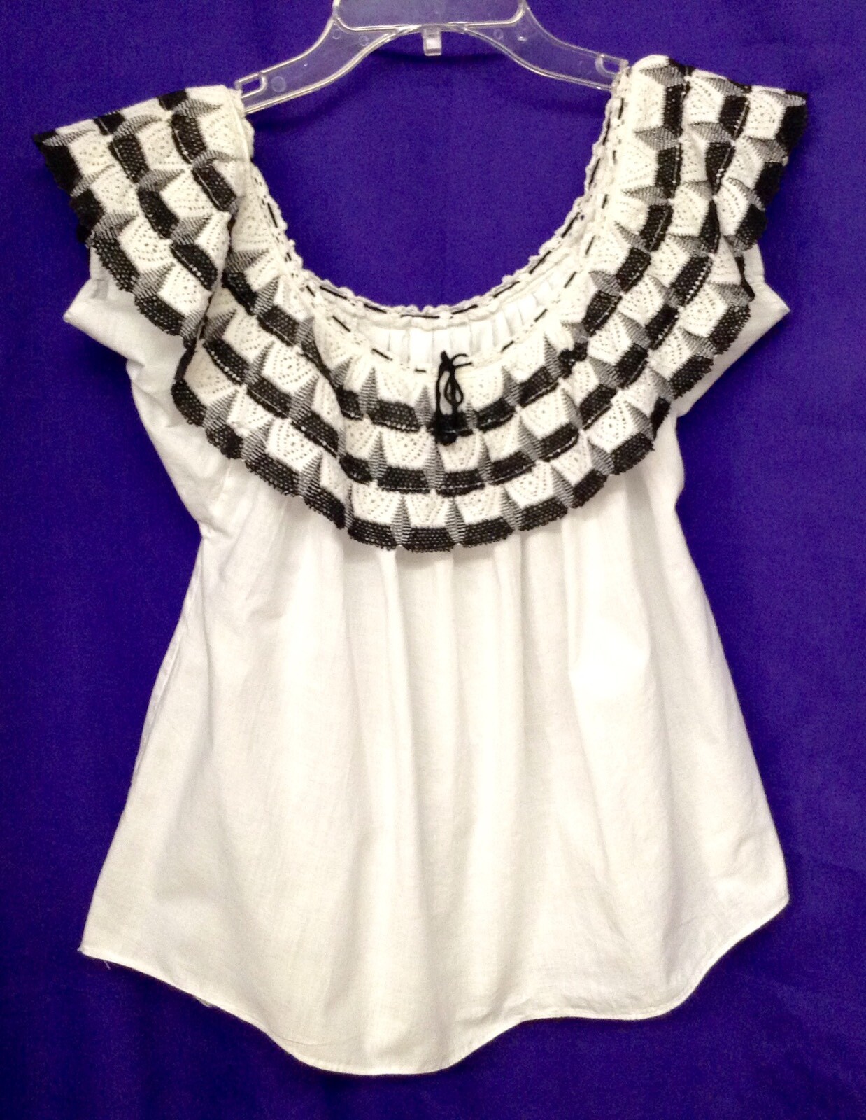 White Cap Sleeve Peasant Top With Crocheted Black And White Neckline Ruffle