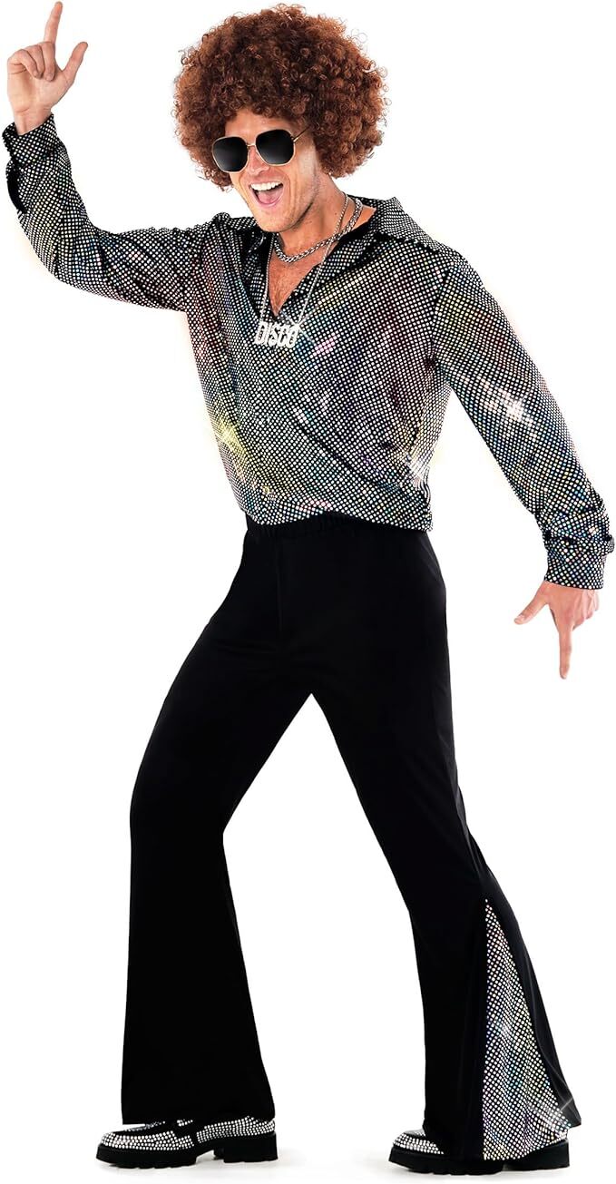Men`s Disco Dude Costume Wig Sunglasses Adult 1970s Dance Outfit Flares S – 3XL