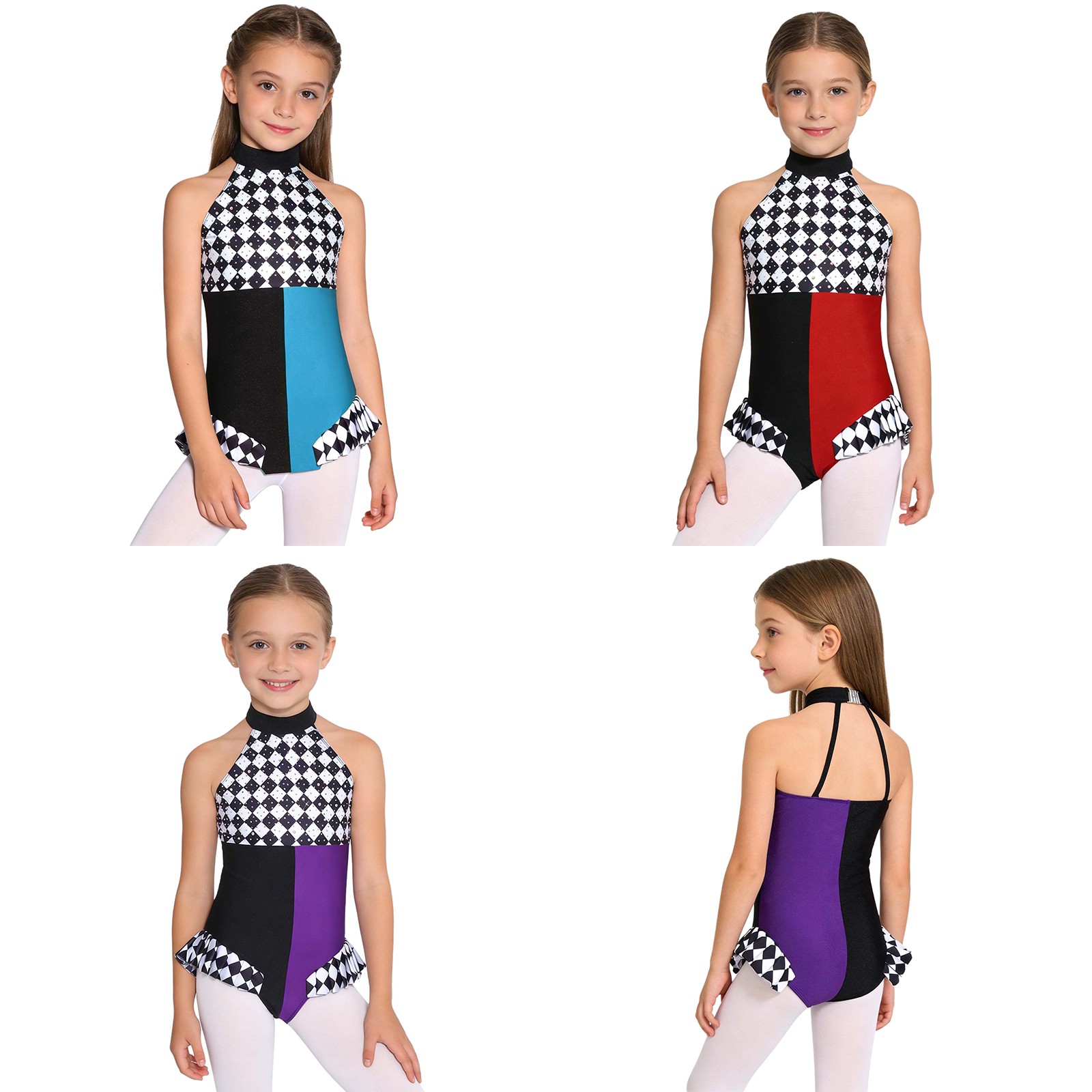 Kids Girls Clown Costumes Jumpsuit Plaid Pattern Contrast Color Dance leotard