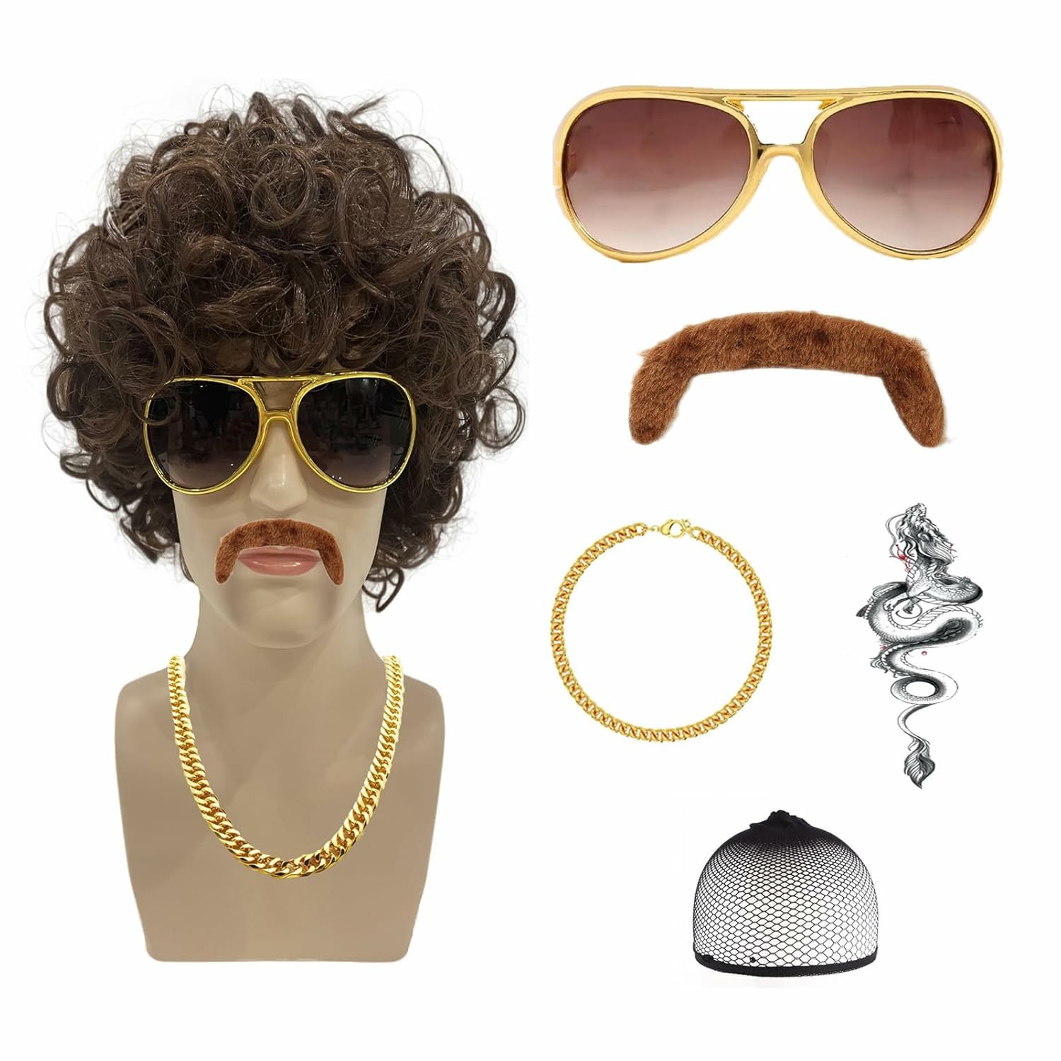 1970s Disco Pimp Mens Costume Cosplay Afro Wig Gold Chain Tattoo Sunglasses