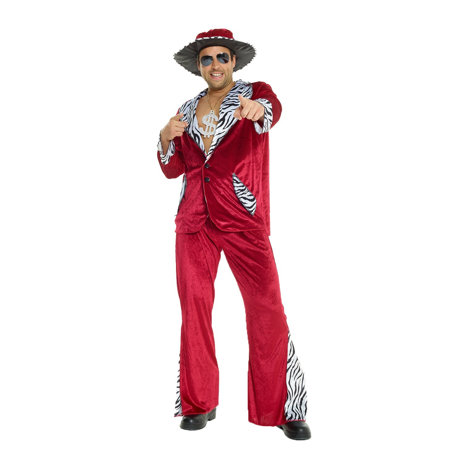 Mens Burgundy Red PIMP DADDY Fancy Dress Costume + Hat 70s Velvet Suit Halloween