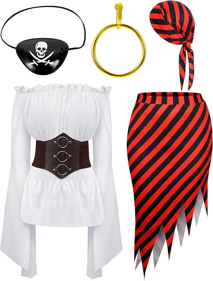 Women Pirate Costume Set – Renaissance Adult Costume With Head Scarf Hat XXL
