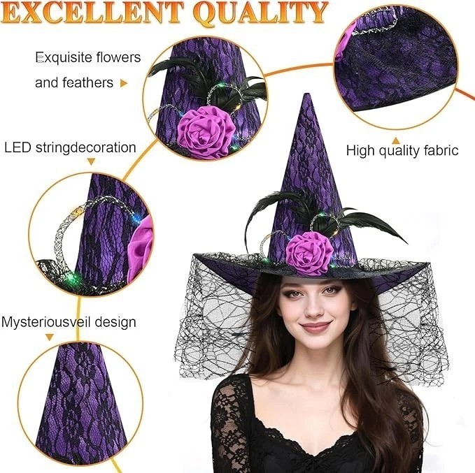 Halloween Witch Hat, Light Up Witch Hats for Women Costume Accessory Cosplay Par