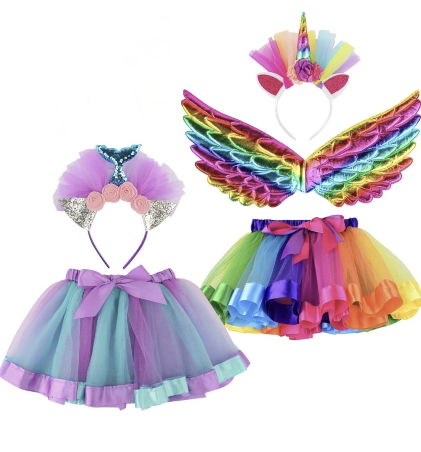 5pcs Girls Layered Rainbow Tutu with Unicorn Wing,Unicorn Mermaid Headband,…