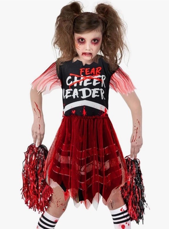 NEW Youth 5-6 Scary Bloody Cheerleader Costume Black Red Zombie 2 Pom-Poms Dress