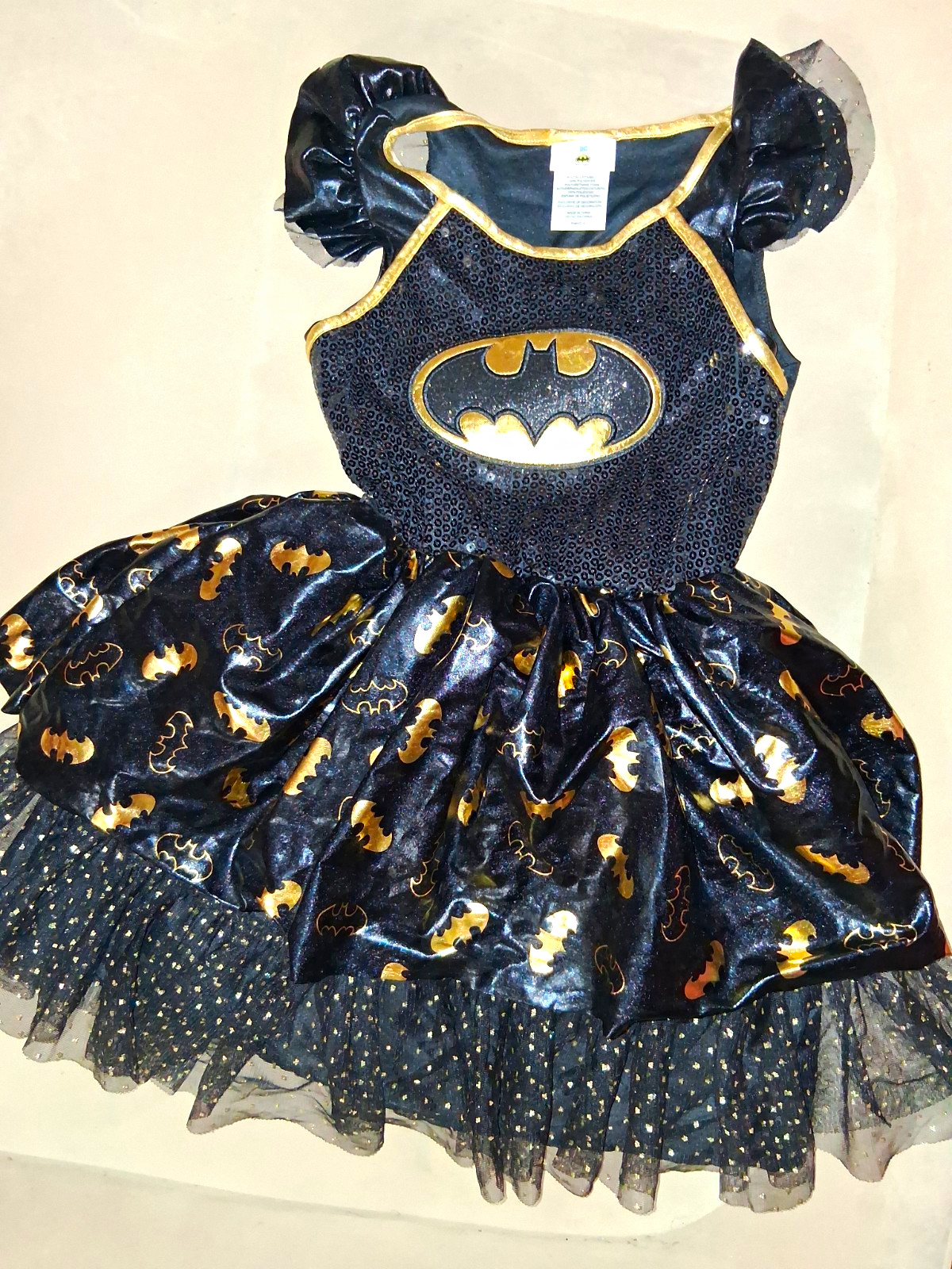 DC Batman Sequined Girls Dress Costume Black/Gold Polyester Size M