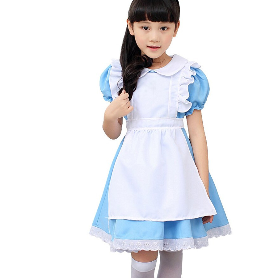 Alice in Wonderland Costume Waitress Uniform Maid Blue Dress Halloween Cosplay
