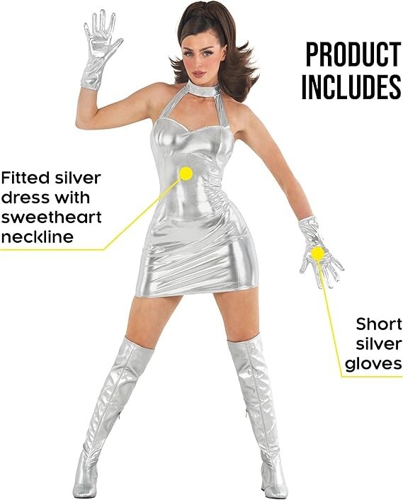 Womens Silver Assassin Costume Adult Austin Powers Movie Spy Dress + Gloves