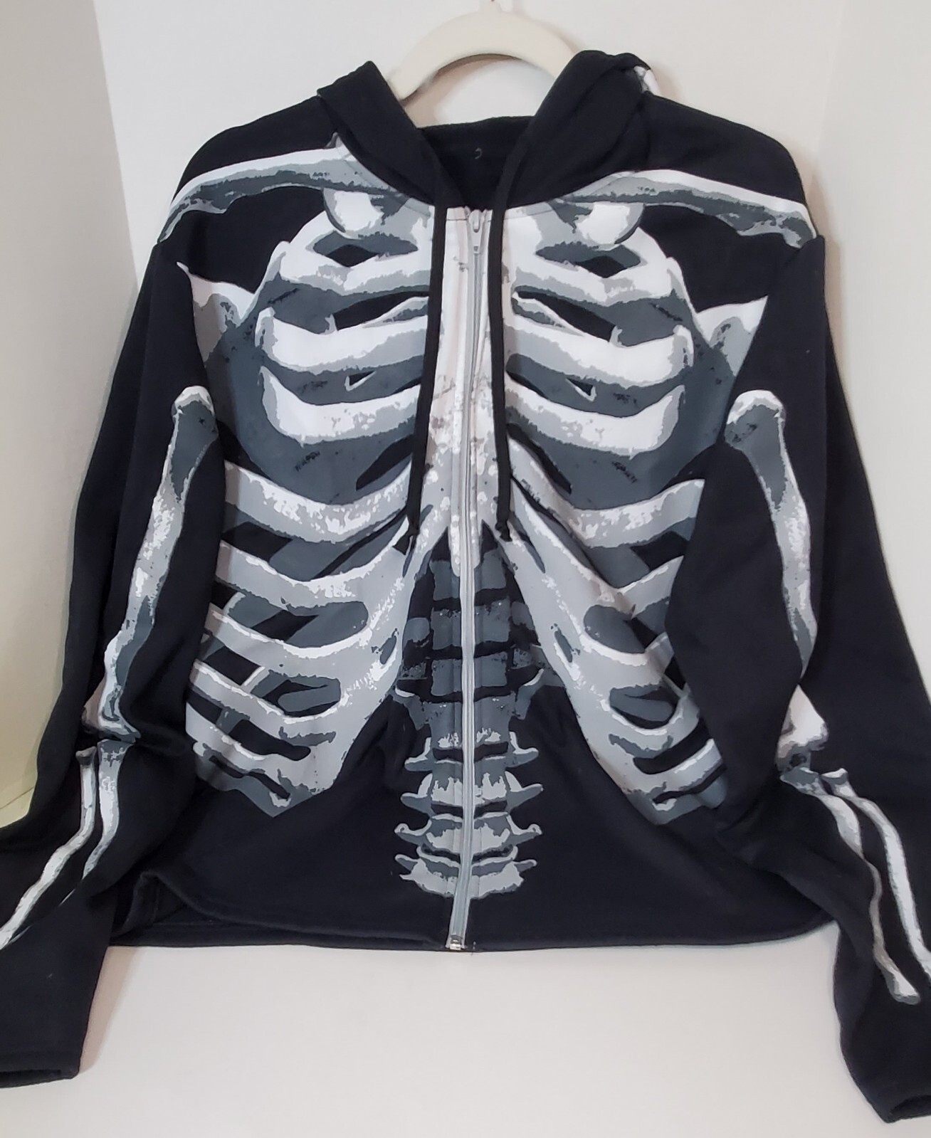 Black Skeleton Hoodie Adult One Size Fits All Zip Front Make Up Included NOS