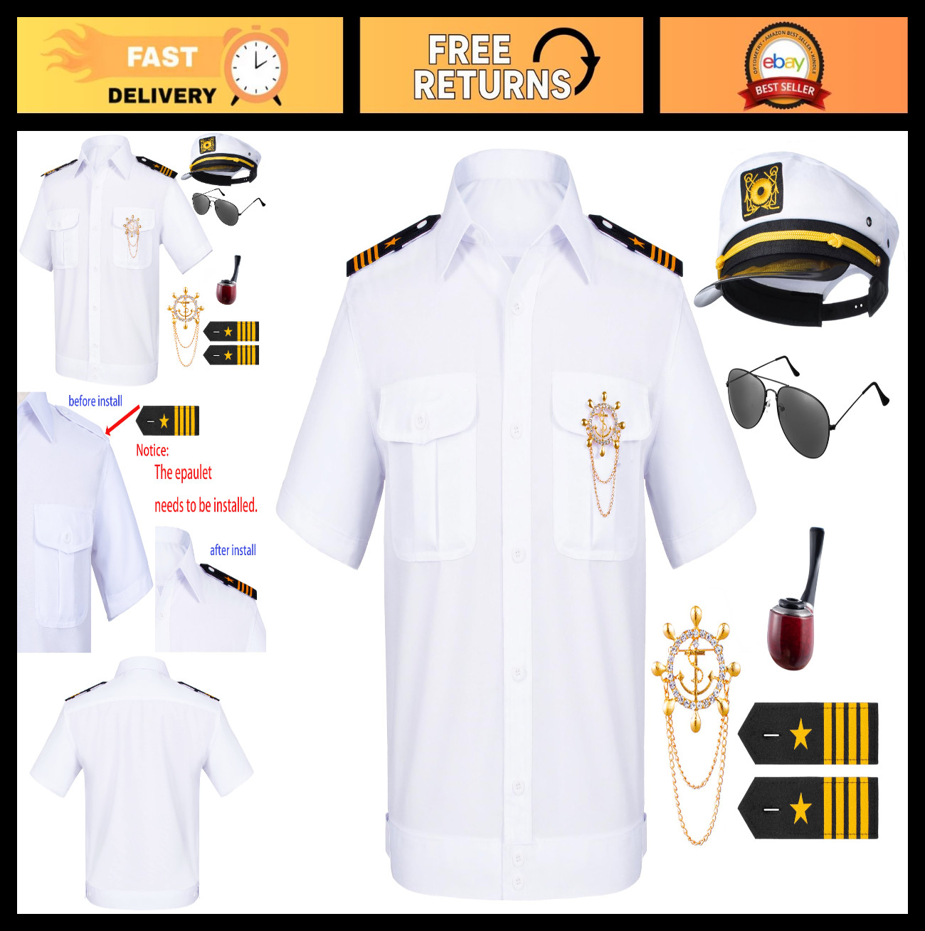 6PCS Men’s Sailor Costume Set – Yacht Captain Shirt, Hat & Accessories for Parti