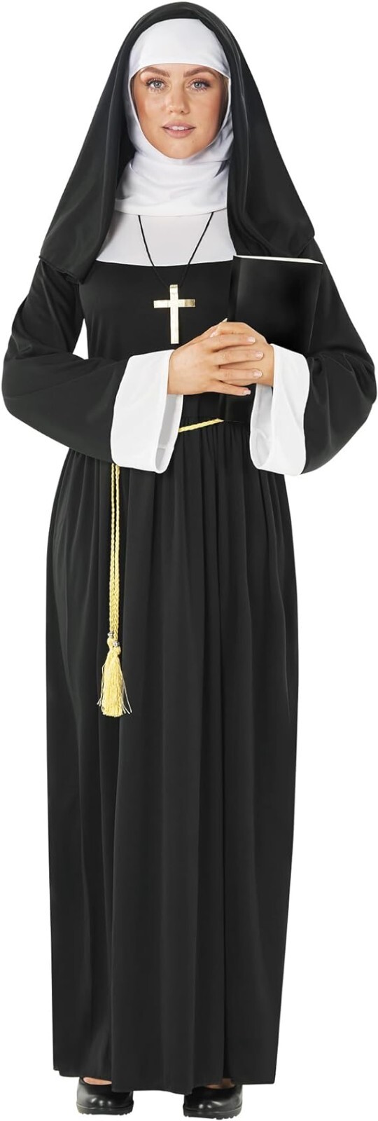 Women`s Black Nun Costume + Cross S – 3XL Ladies Sister Mother Halloween Robe