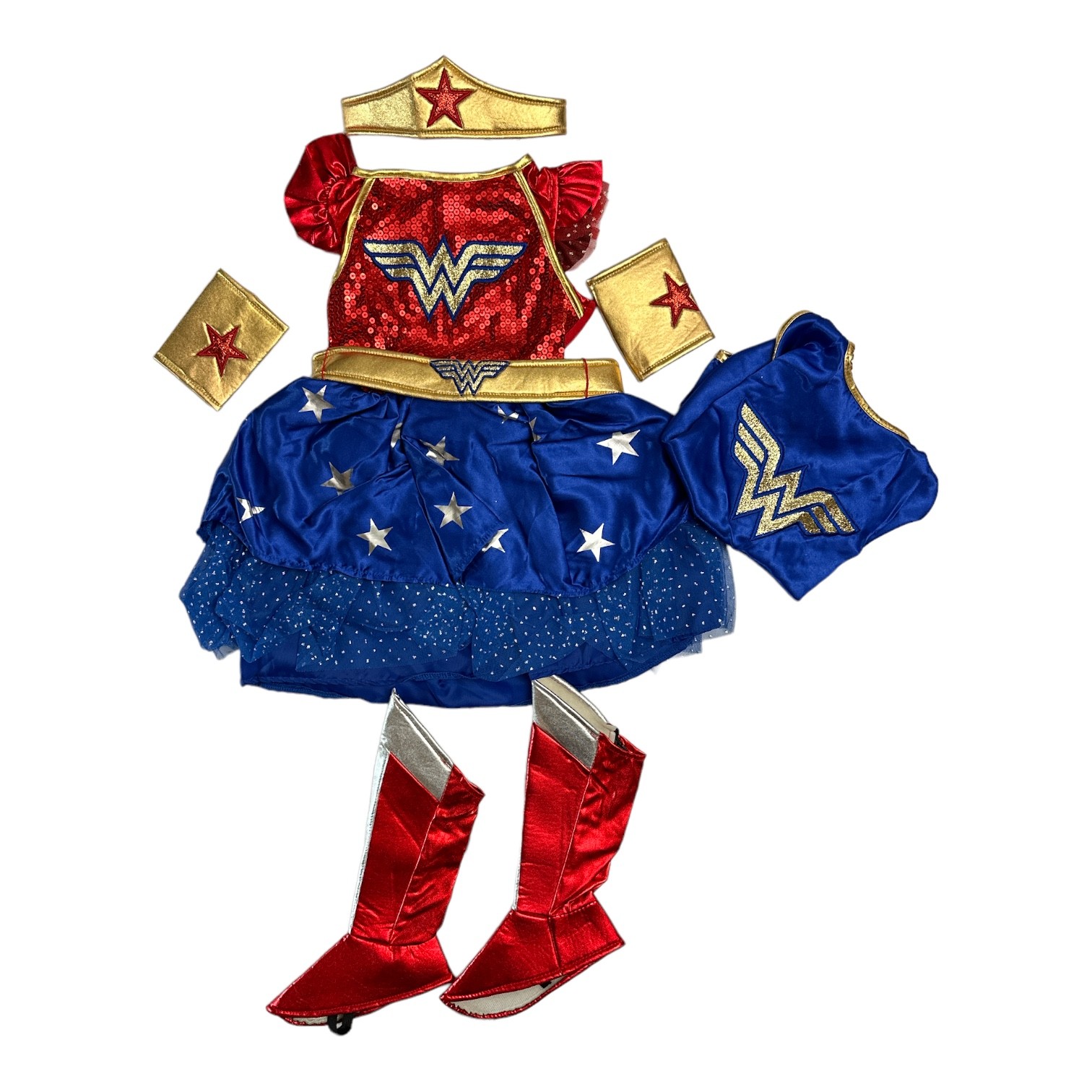 Wonder Woman Girl’s Dress, Headband, Wrist Cuffs, Shoe Covers Costume Set