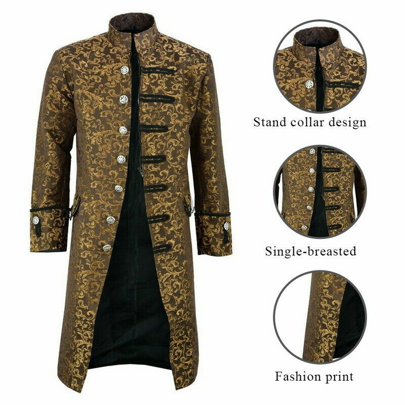 Renaissance Men’s Gold Brocade Goth Steampunk Victorian Velvet Frock Coat/USA