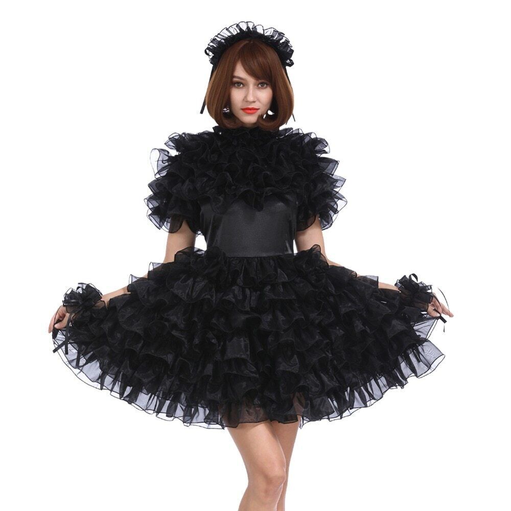 Girl Sissy maid Black satin organza lockable dress Cosplay Costume Tailor-made
