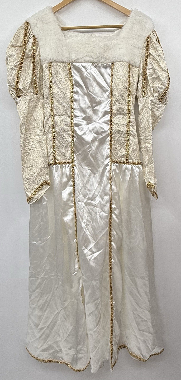 Snow Queen Costume Express Women’s White Fur Collar Gold Trim Long SZ S/M Party