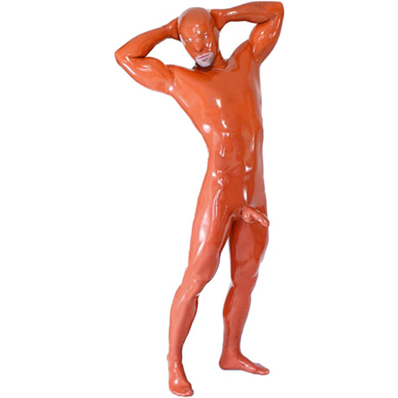 Male Latex Catsuit Bodysuit with Penis Condom Open Mesh Eyes Back Zipper