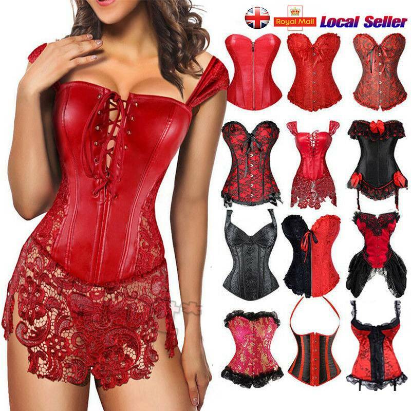 US Women Corset Bustier Basque Lingerie Overbust Red Party Costume Plus Size Top