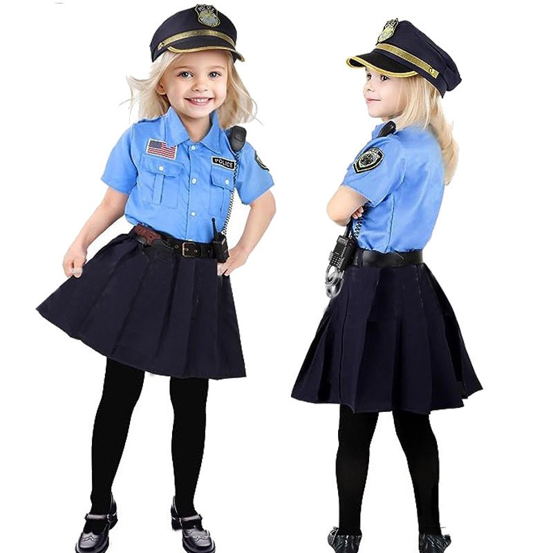Girls Police Costume Kids Halloween Policewoman Fancy Dress Outfit Set
