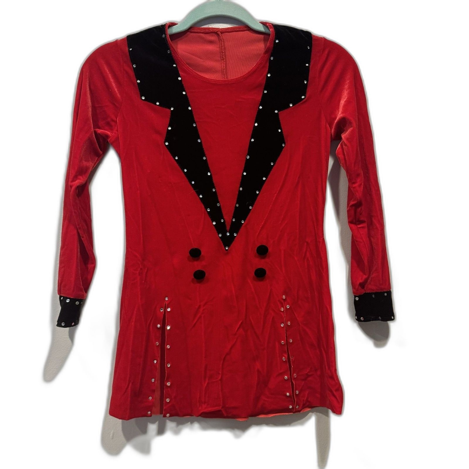 Art Stone Red Velvet Dance Costume Child LC Rhinestone Tuxedo Jacket Long Sleeve