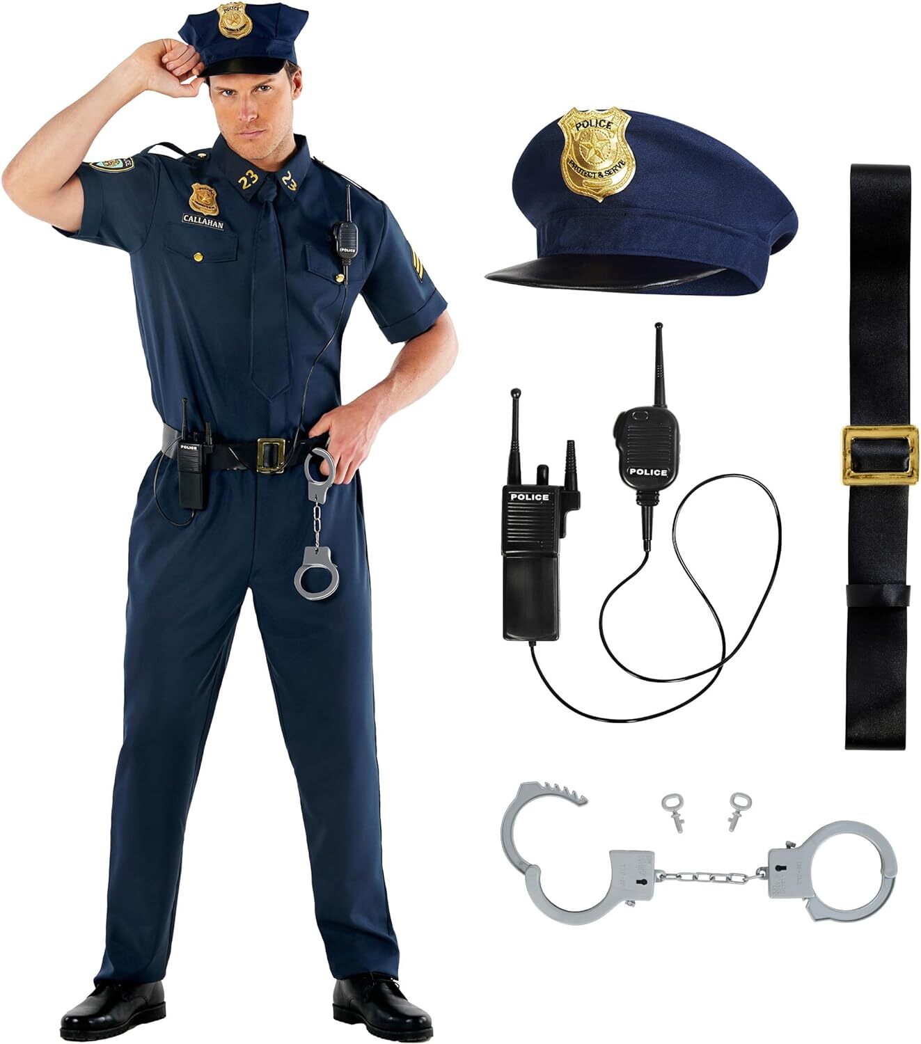 Men`s Police Officer Costume Adult Patrol Cop Uniform + Hat Accessories M – 2XL