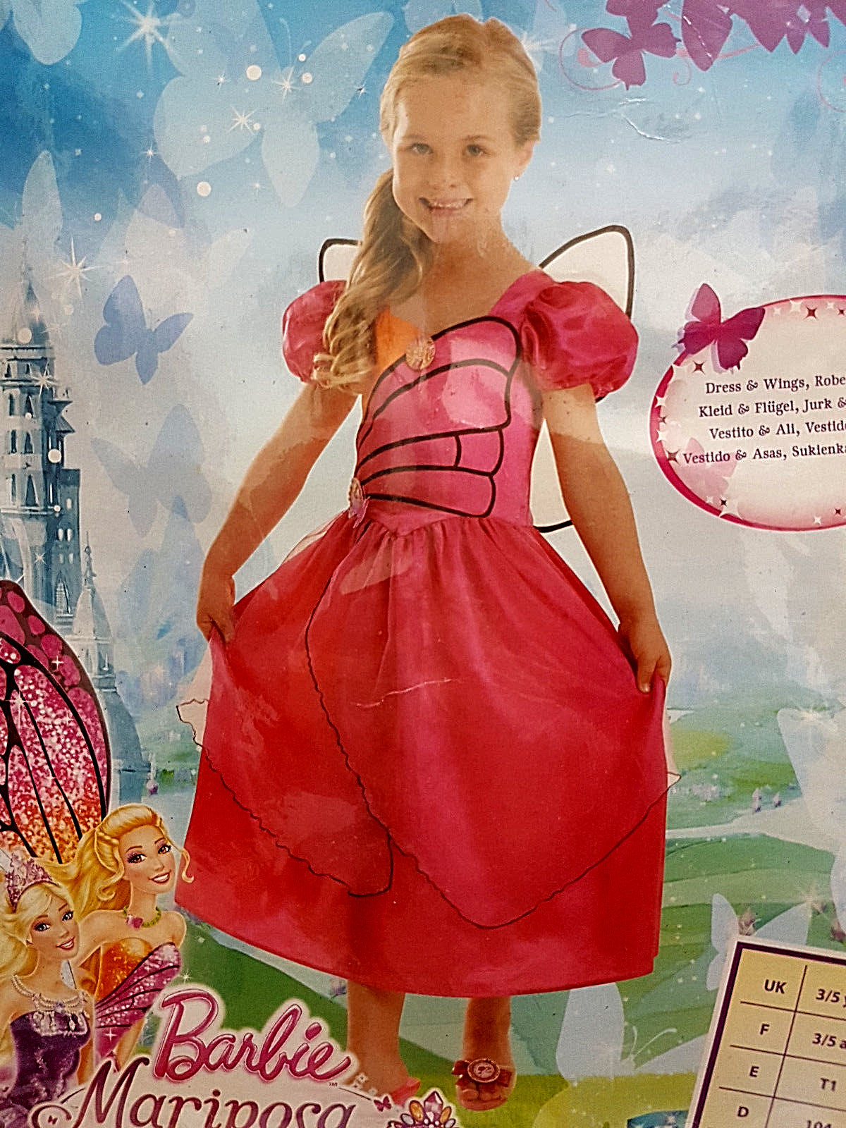 Barbie Mariposa & Fairy Princess Dress Carnival Costume 3-5 Ages 40 7/8in New