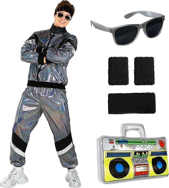 Men`s Shiny 80`s Tracksuit Costume Adult Silver Retro Silver Suit Halloween