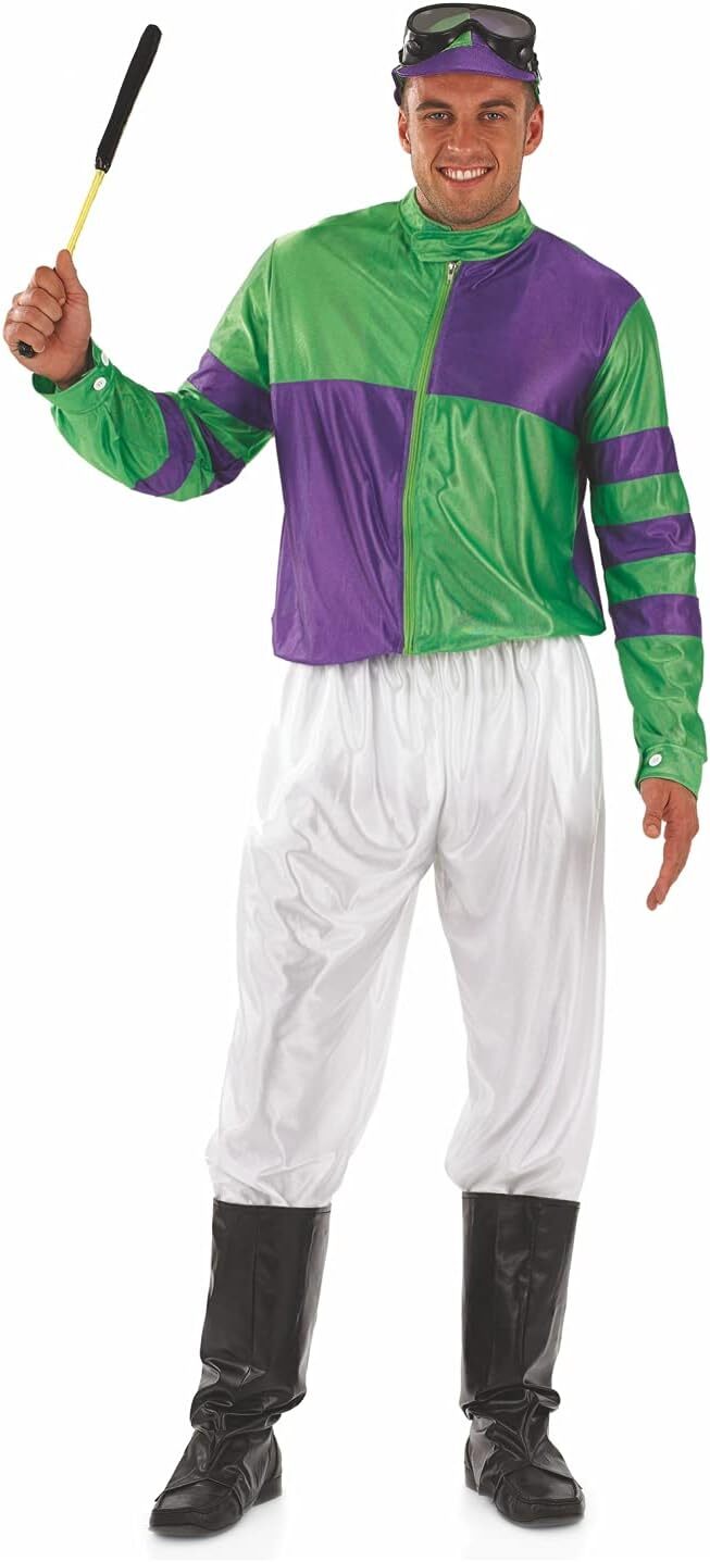 Men`s Green & Purple Jockey Costume Adult Horse Racing Rider Uniform S – XL