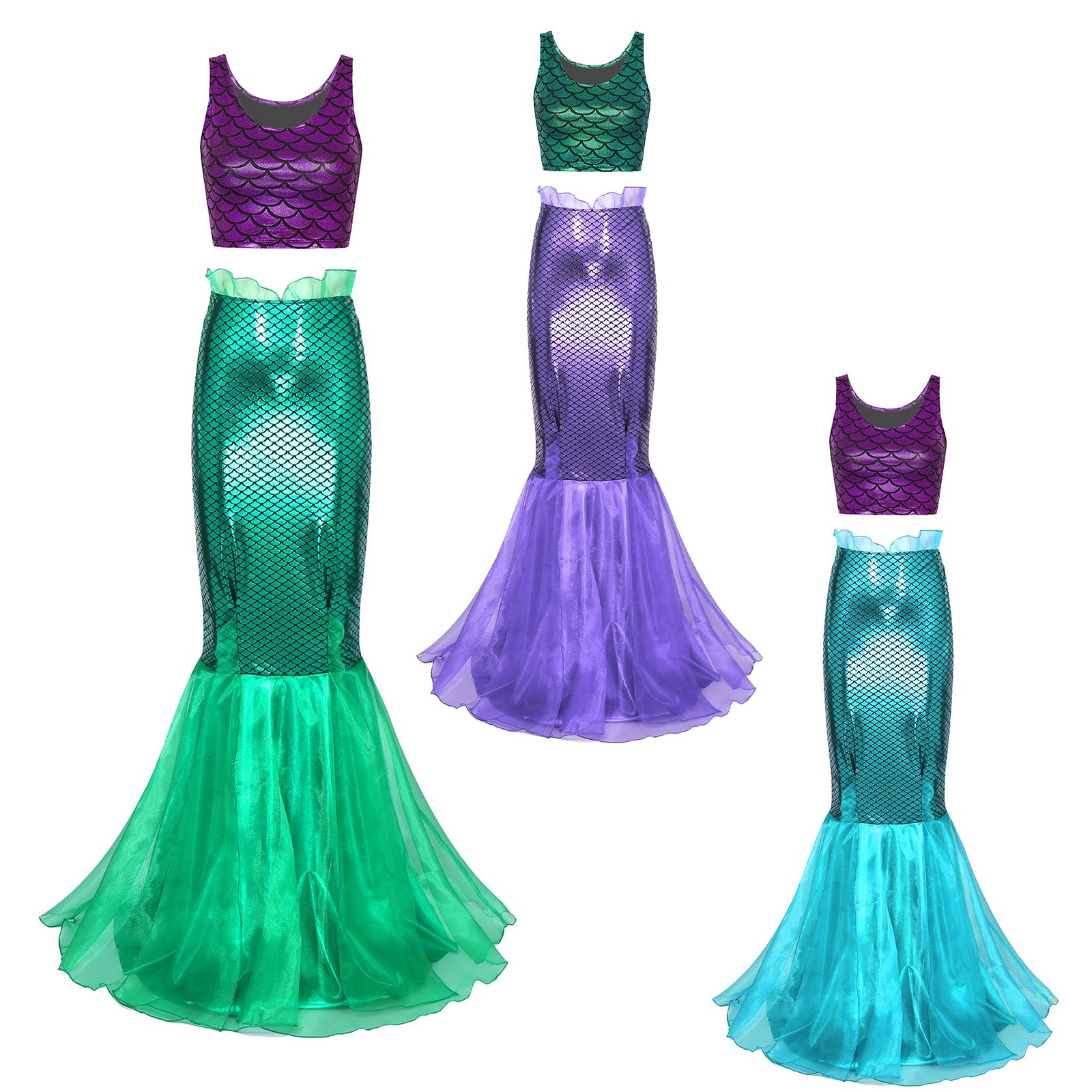 US YiZYiF Womens Mermaid Costume Fish Scale Print Crop Top +Fishtail Long Skirt