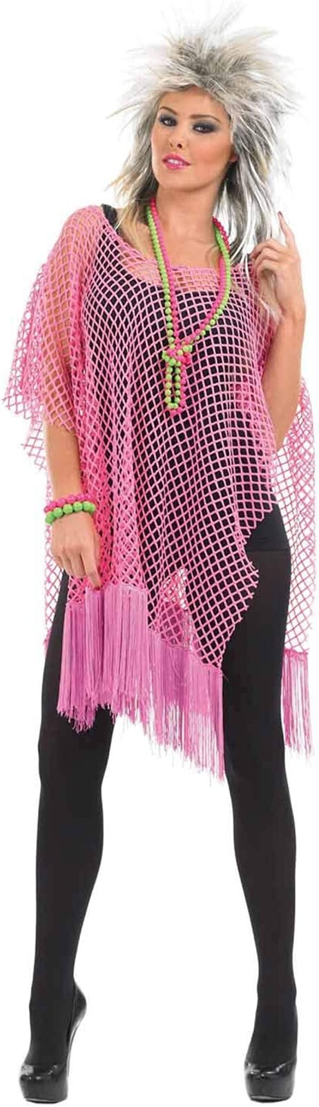 Women`s Neon Pink Long Mesh Top Ladies 1980s Retro Wild Child Fishnet Costume