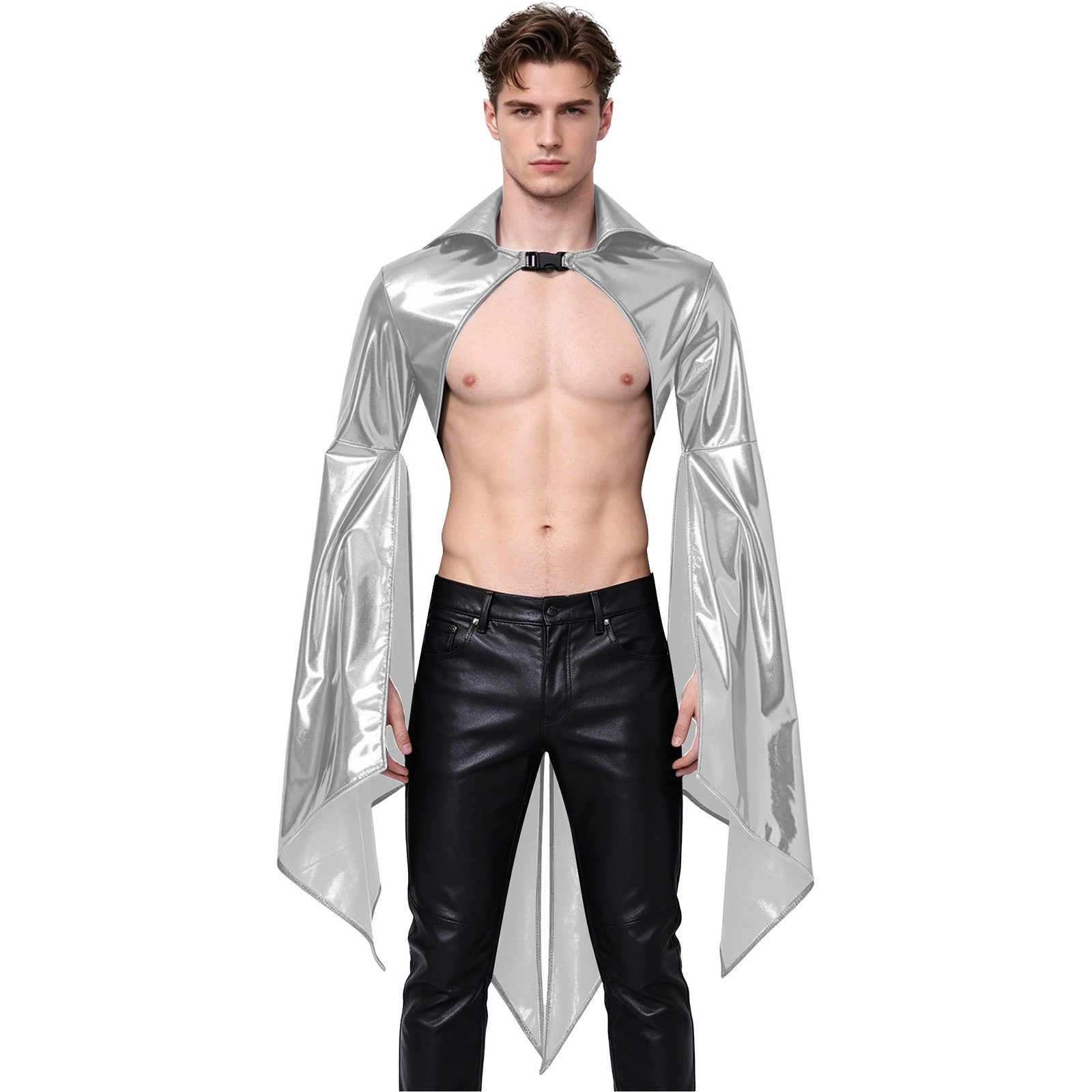 US YiZYiF Men Renaissance Cape Shiny Medieval Cloak Rave Open Front Shrug Top