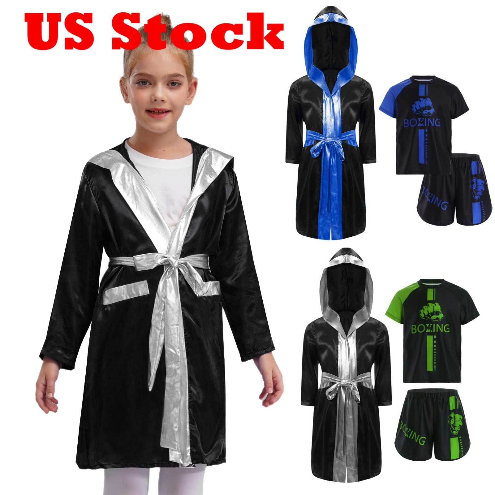 US Kids Boys Boxing Uniform Set 3 Pcs Long Sleeve Open Front Hooded Cloak Robe