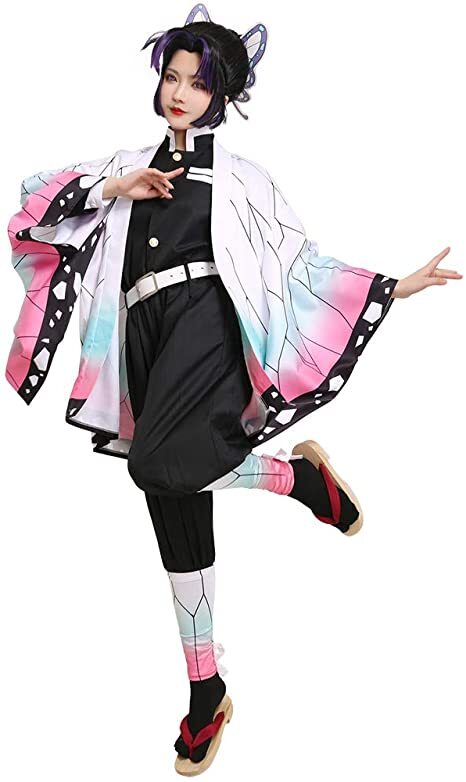 Adult Hallowen Outfit Tanjiro Shinobu Cosplay Costume Kimono W/ Wig Shoes Sword