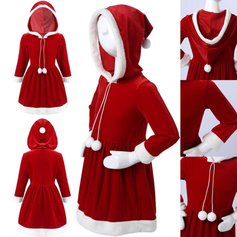 US Kids Girl’s Christmas Hoodie Dress Santa Claus Tutu Dress Velvet Hooded Dress