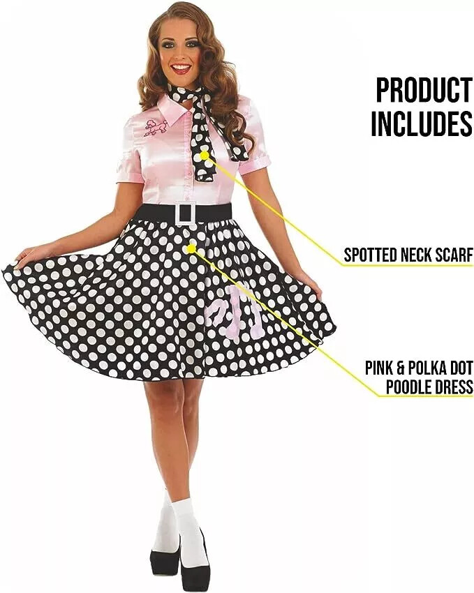 Women`s 50s Pink Poodle Dress Ladies 1950s Rock N Roll Costume Halloween S-XXL