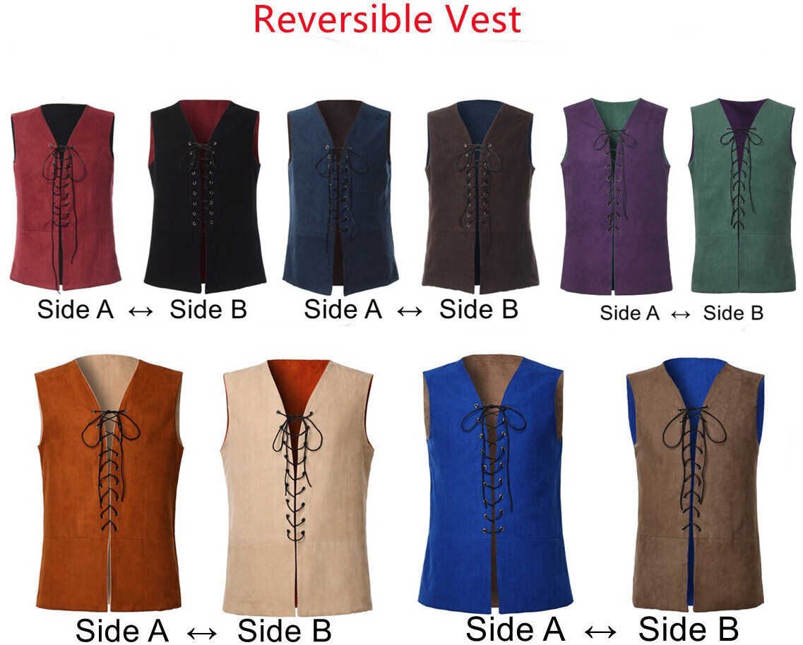 Mens Medieval Vest Pirate Waistcoat Renaissance Reversible Waistcoat Viking Vest