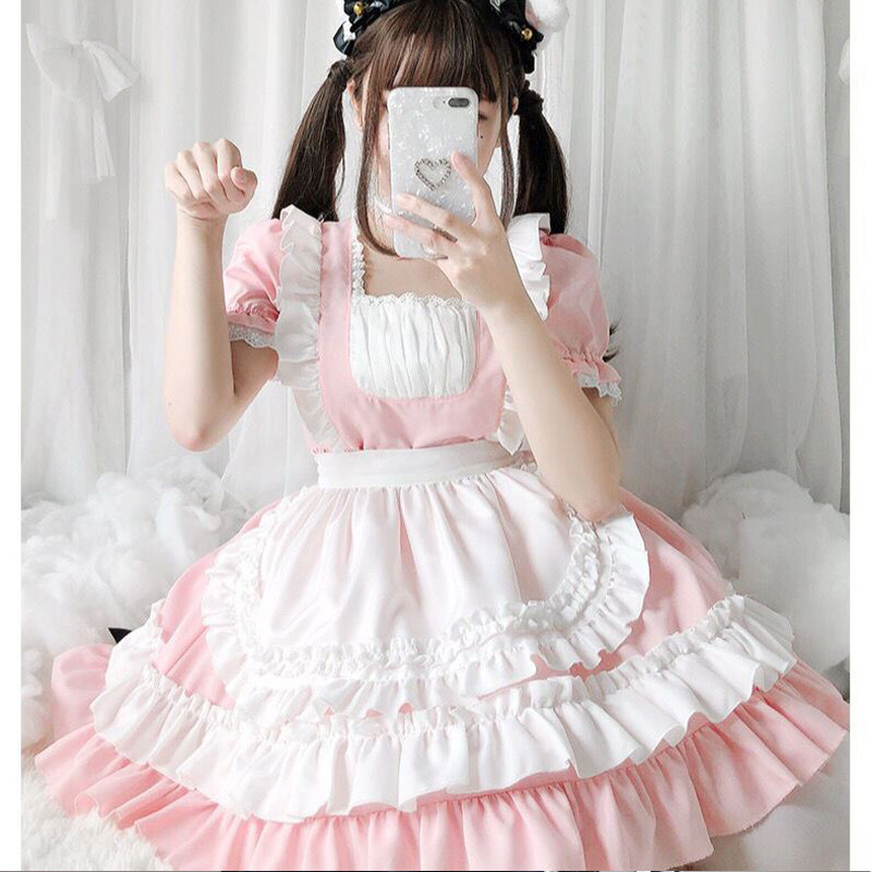 Kawaii Lolita Sweet Dress Maid Outfit Anime Cosplay Costume Role Play Pink Black