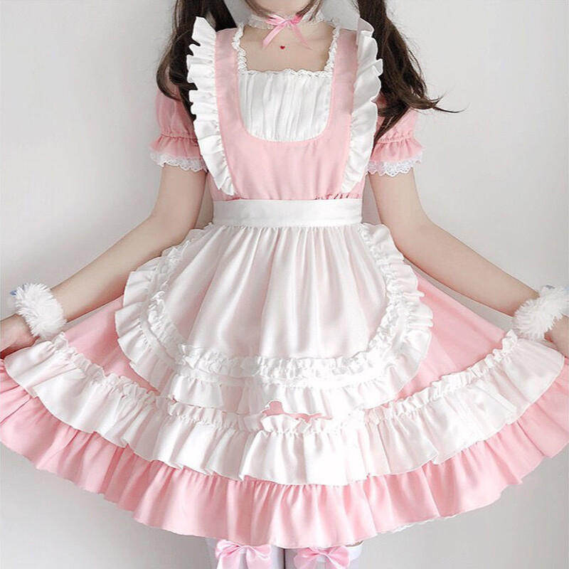 Kawaii Lolita Sweet Dress Maid Outfit Anime Cosplay Costume Role Play Pink Black
