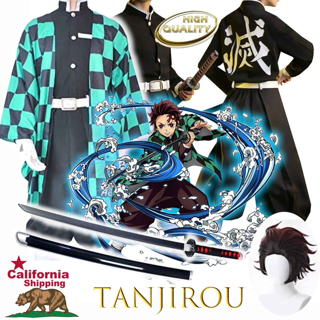 Men’s Costume Demon Slayer Kimetsu no Yaiba Outfit Cosplay Sword Wig Set US ship