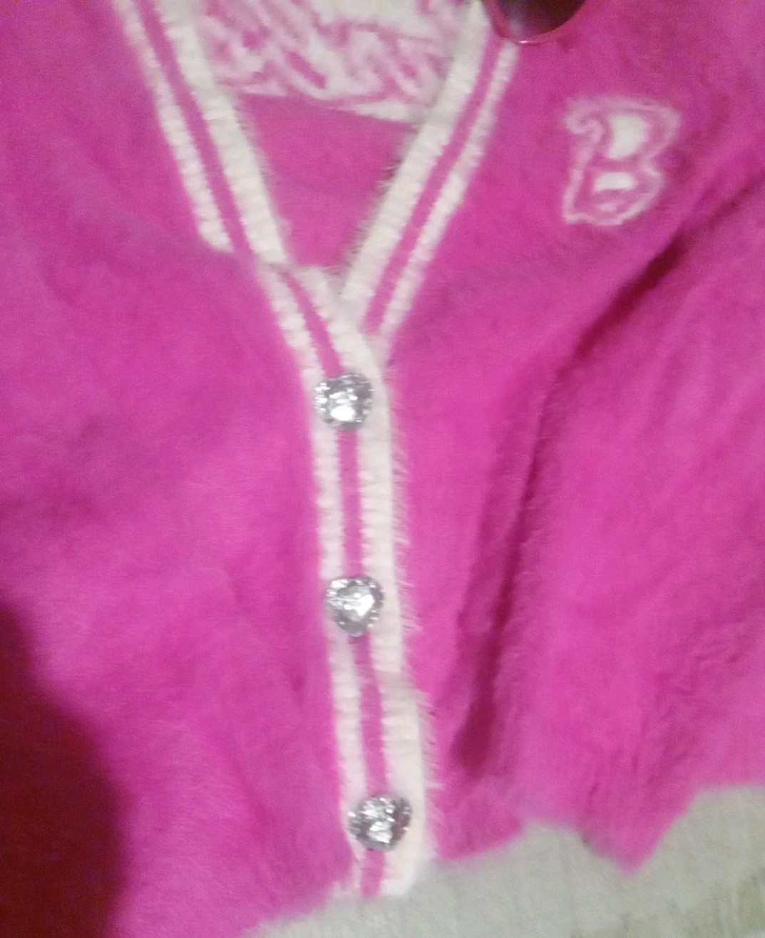 Barbie Movie Furry Pink Button Front Cardigan Sweater Sz L Crop Style Pink
