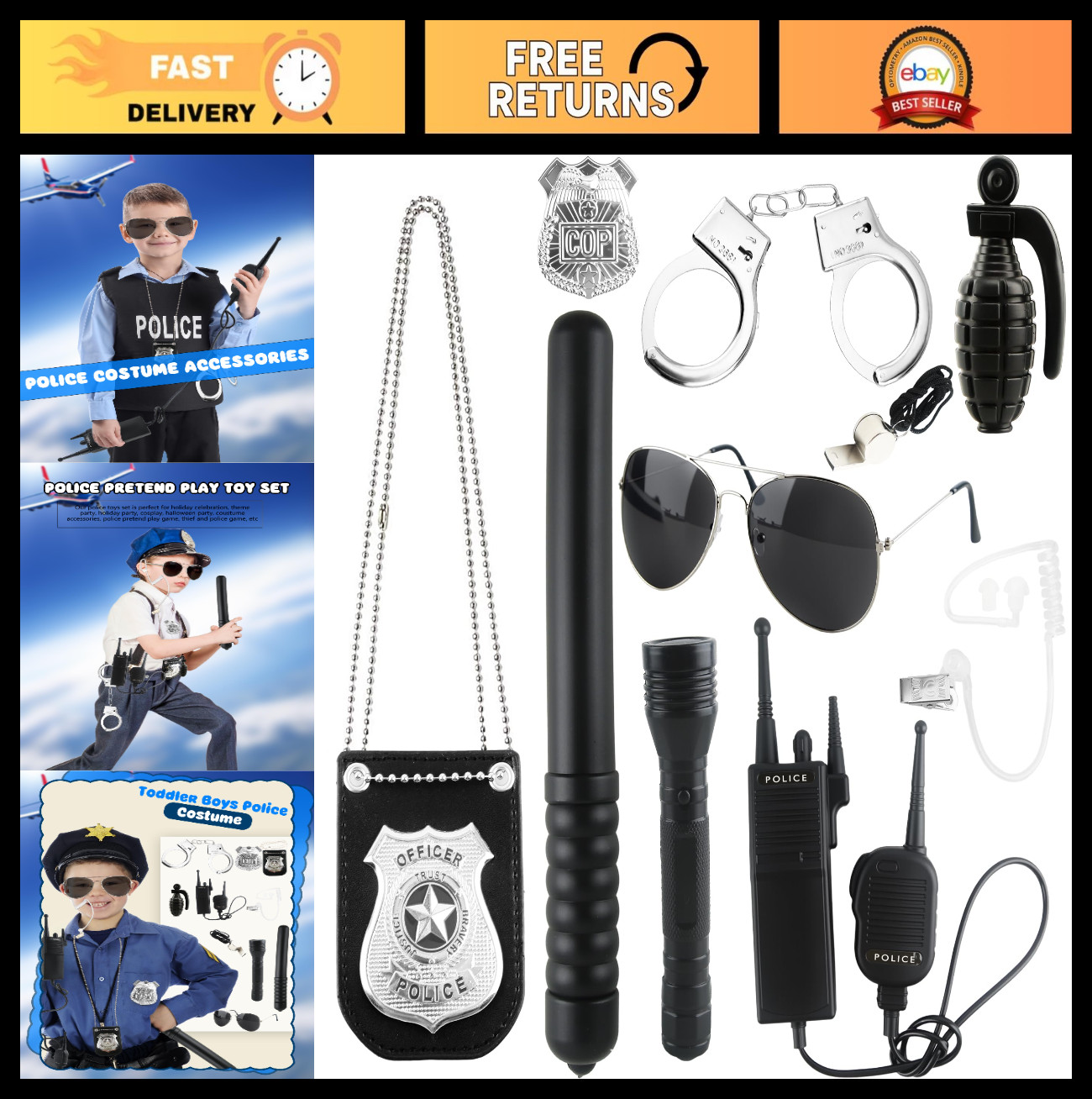 10 Pcs Kids Police Costume Accessories Set – Metal Handcuffs, Badge & Detective