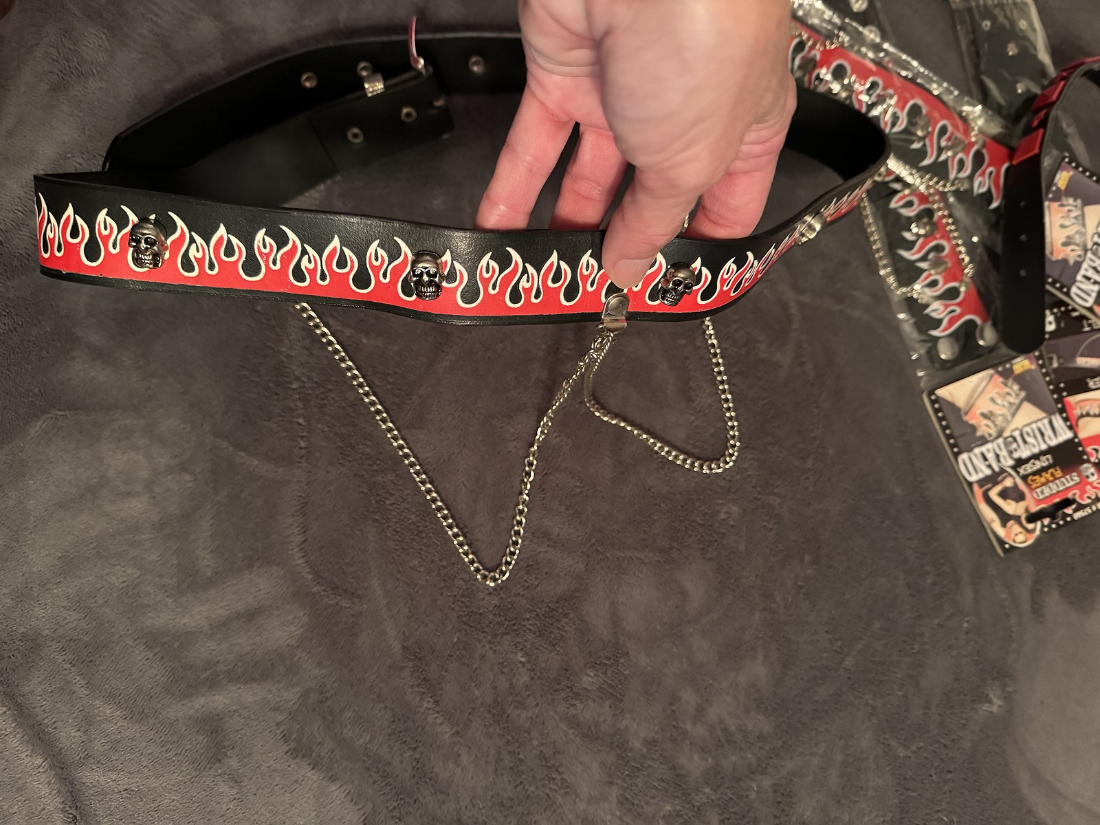 Punk Rock Biker Flame Studded Skull Wristbands, Chain Belt, Choker Costume