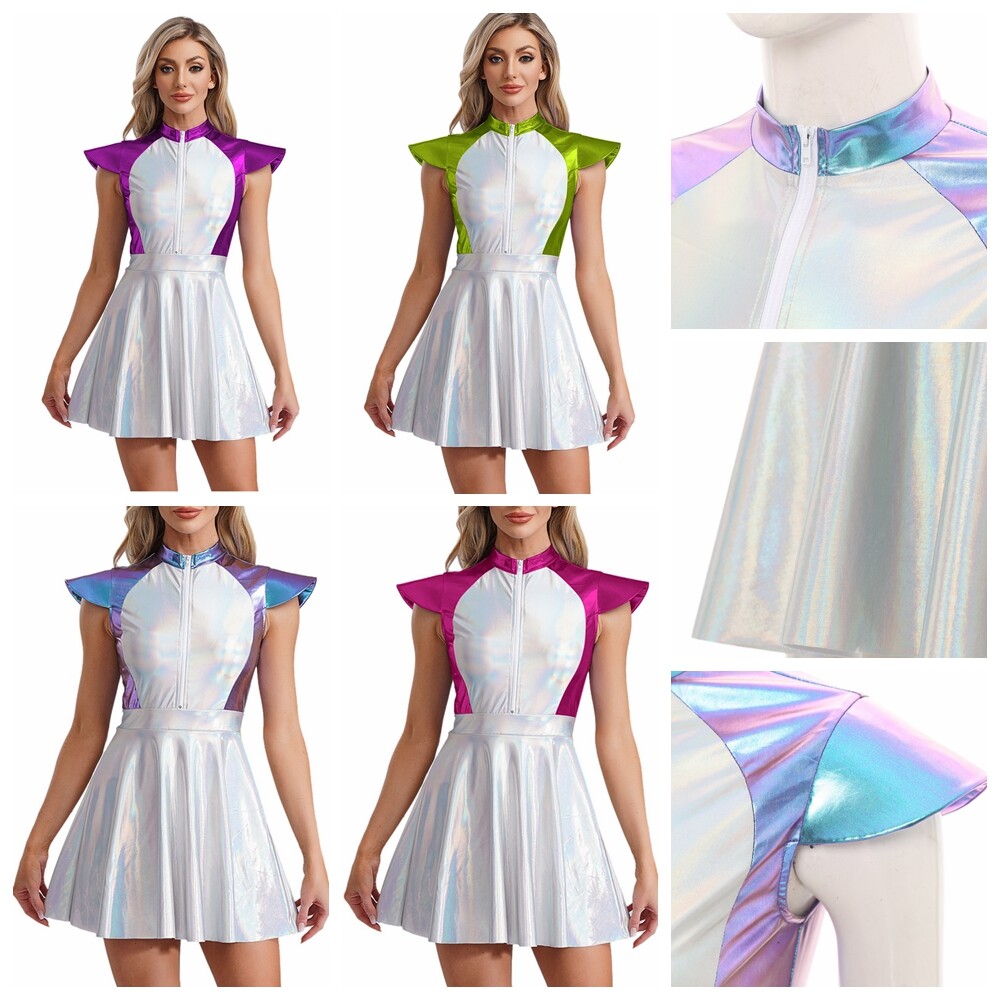 US Women Alien Astronaut Costume Cap Sleeves Front Zipper A Line Dress Halloween