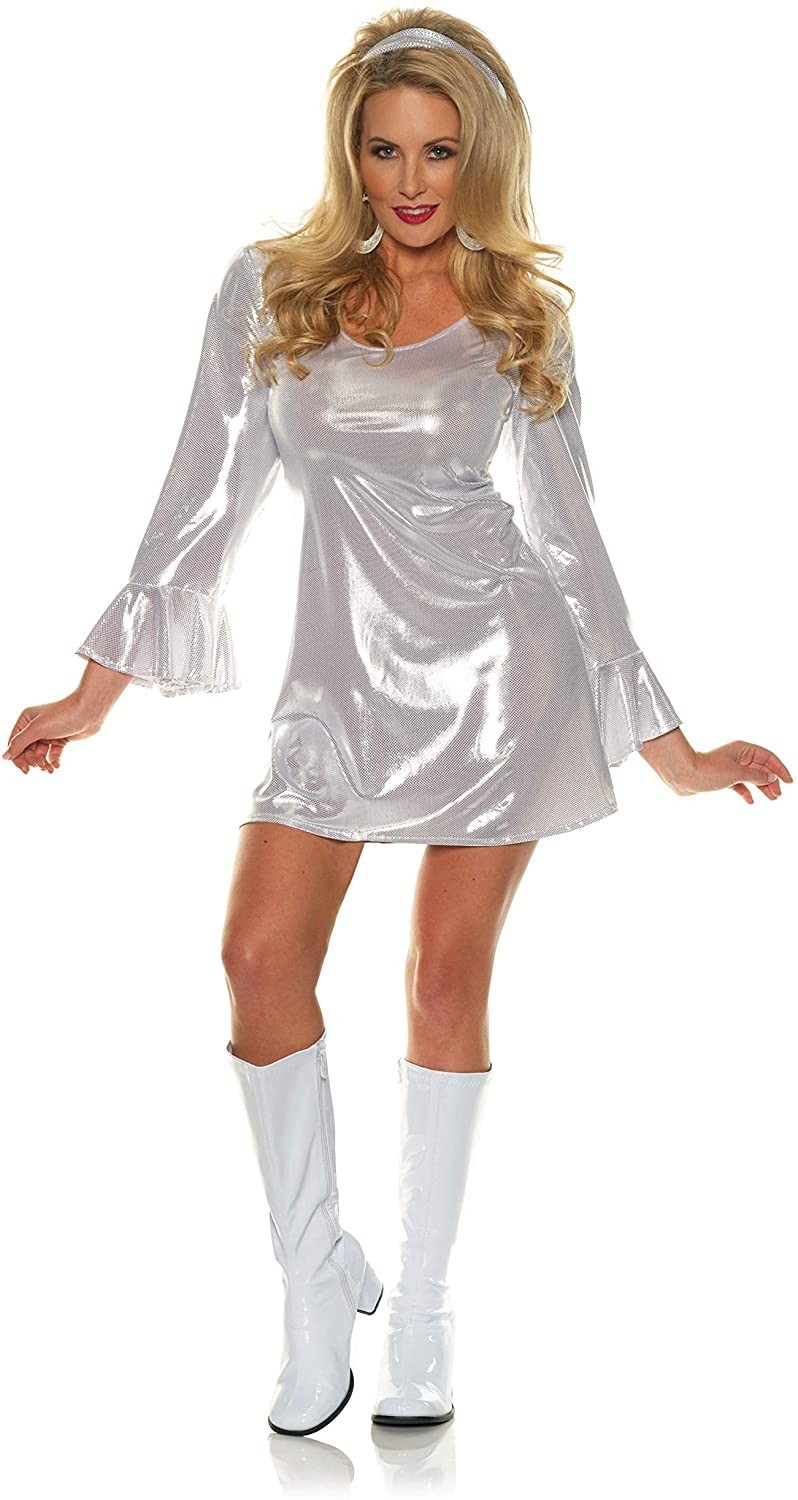 Underwraps Disco 70s White Silver Dress GoGo Dance Adult Halloween Costume 30148