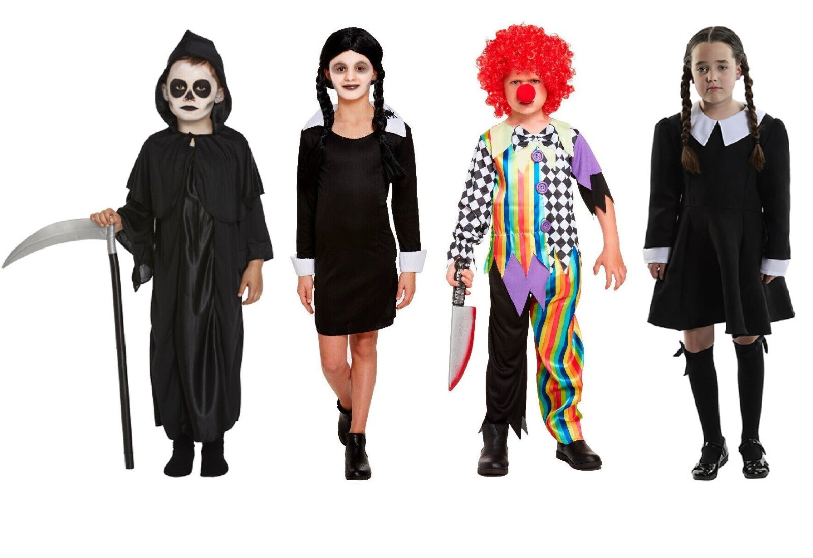 Kids Halloween Fancy Dress Costume Scary Clown Wednesday Addams Black Reaper