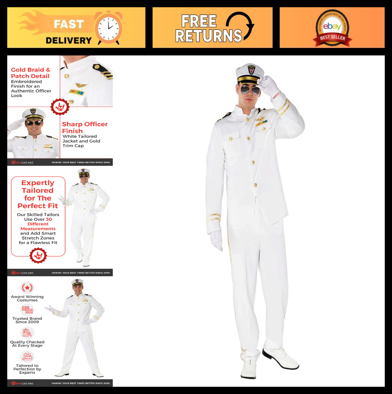 Men’s Sailor Costume – Captain Outfit, Nautical Yacht Captain Fancy Dress